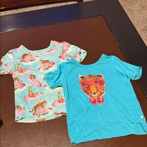 Posh Peanut Turquoise Tiger Print Kids' Tees and two black sweaters